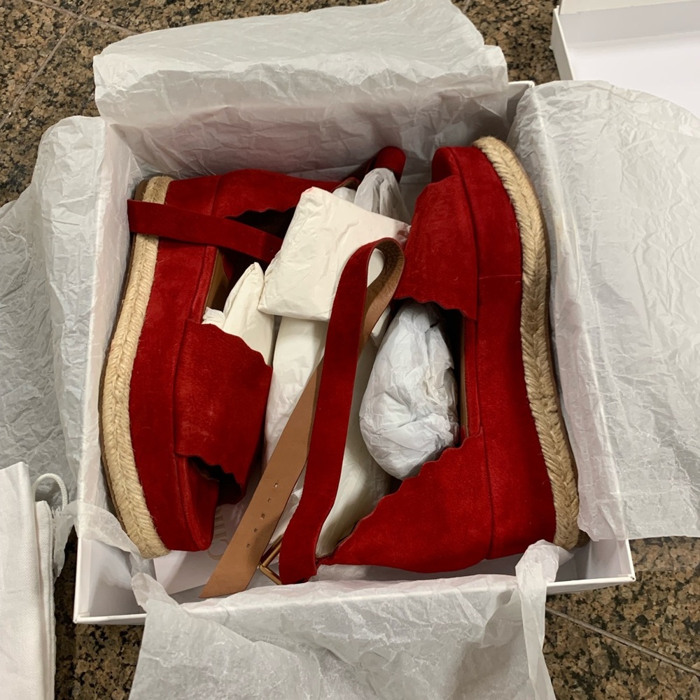 Red Suede Scallop Espadrille Sandals - Women - Picture 14 of 14